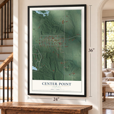 Center Point, Indiana map, 24 x 36 inch print in a black frame by a staircase