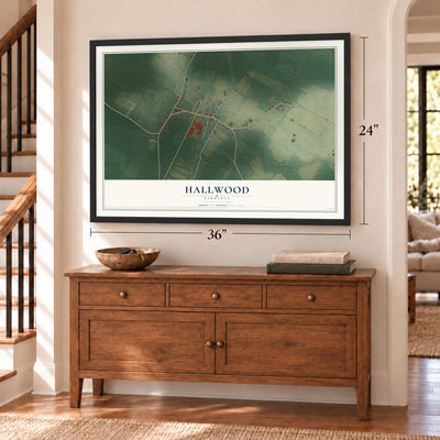 Hallwood, Virginia map, 24 x 36 inch print in a black frame above a dresser by a staircase