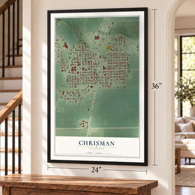 Chrisman, Illinois map, 24 x 36 inch print in a black frame by a staircase