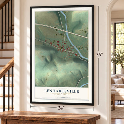Lenhartsville, Pennsylvania map, 24 x 36 inch print in a black frame by a staircase