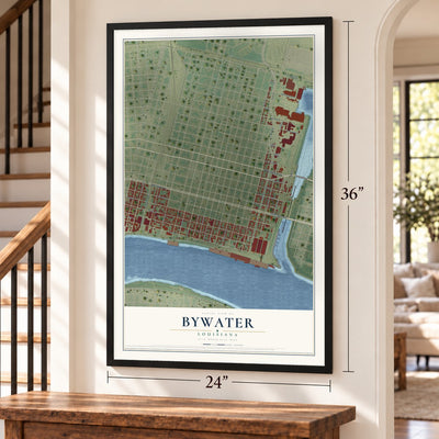 Bywater, Louisiana map, 24 x 36 inch print in a black frame by a staircase