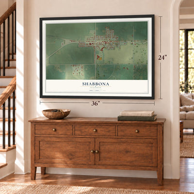 Shabbona, Illinois map, 24 x 36 inch print in a black frame above a dresser by a staircase