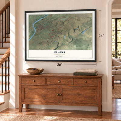 Plains, Pennsylvania map, 24 x 36 inch print in a black frame above a dresser by a staircase