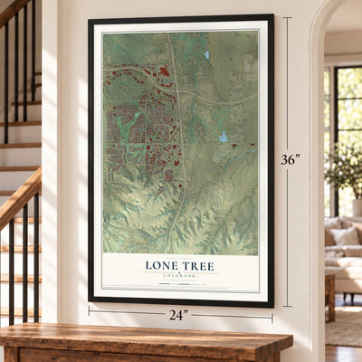 Lone Tree, Colorado map, 24 x 36 inch print in a black frame by a staircase