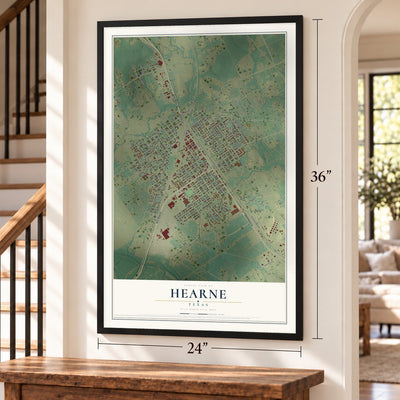 Hearne, Texas map, 24 x 36 inch print in a black frame by a staircase