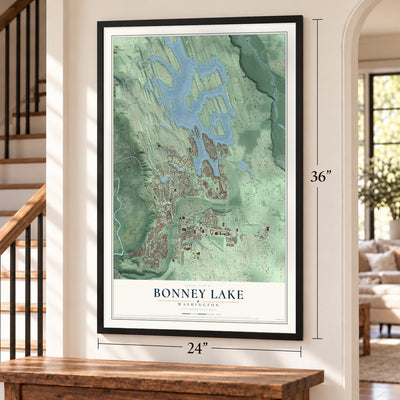 Bonney Lake, Washington map, 24 x 36 inch print in a black frame by a staircase