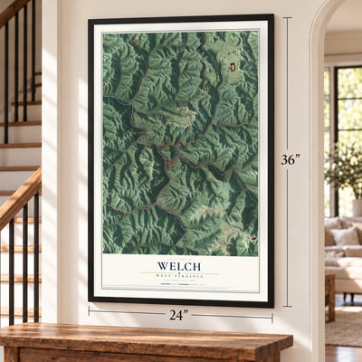 Welch, West Virginia map, 24 x 36 inch print in a black frame by a staircase