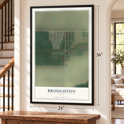 Broughton, Ohio map, 24 x 36 inch print in a black frame by a staircase