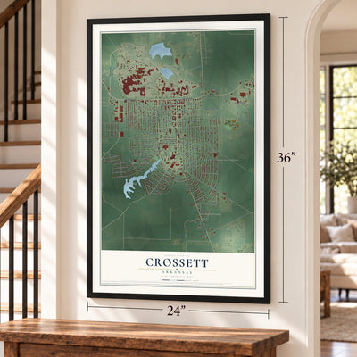 Crossett, Arkansas map, 24 x 36 inch print in a black frame by a staircase