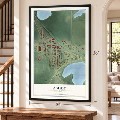 Ashby, Minnesota map, 24 x 36 inch print in a black frame by a staircase