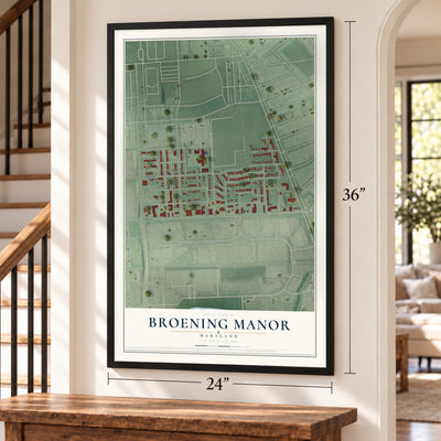 Broening Manor, Maryland map, 24 x 36 inch print in a black frame by a staircase