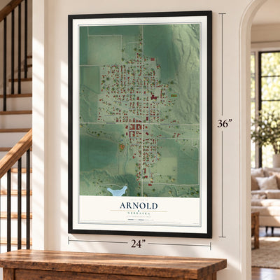 Arnold, Nebraska map, 24 x 36 inch print in a black frame by a staircase