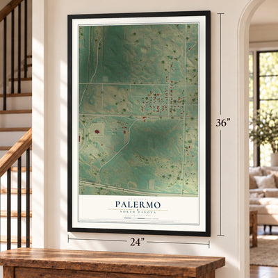 Palermo, North Dakota map, 24 x 36 inch print in a black frame by a staircase