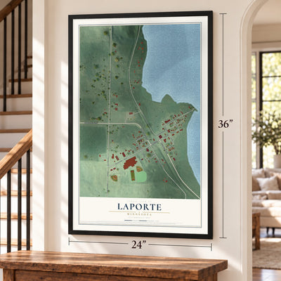Laporte, Minnesota map, 24 x 36 inch print in a black frame by a staircase