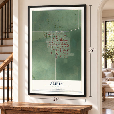 Ambia, Indiana map, 24 x 36 inch print in a black frame by a staircase
