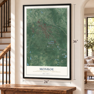 Monroe, Gloucester County, New Jersey map, 24 x 36 inch print in a black frame by a staircase