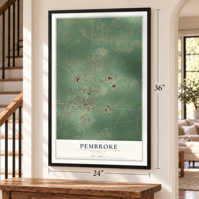 Pembroke, Georgia map, 24 x 36 inch print in a black frame by a staircase