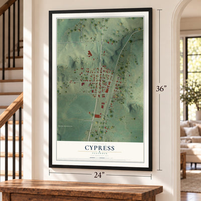 Cypress, Illinois map, 24 x 36 inch print in a black frame by a staircase