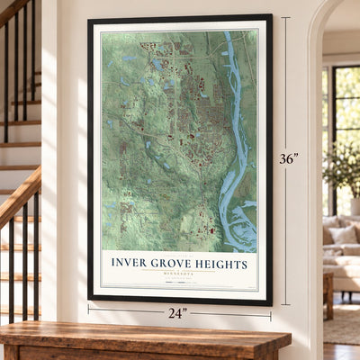 Inver Grove Heights, Minnesota map, 24 x 36 inch print in a black frame by a staircase