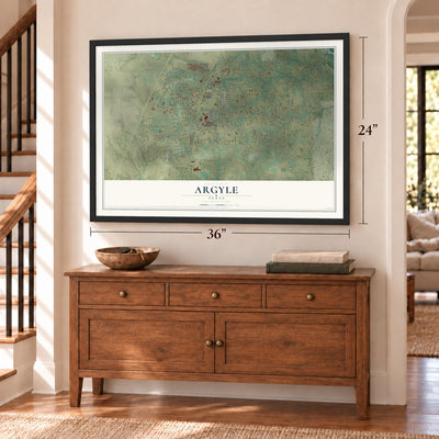 Argyle, Texas map, 24 x 36 inch print in a black frame above a dresser by a staircase