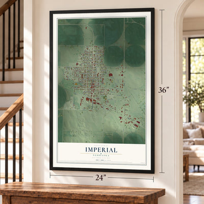 Imperial, Nebraska map, 24 x 36 inch print in a black frame by a staircase