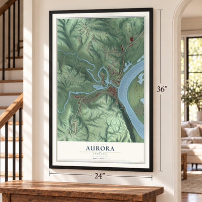 Aurora, Indiana map, 24 x 36 inch print in a black frame by a staircase