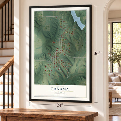 Panama, Illinois map, 24 x 36 inch print in a black frame by a staircase