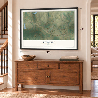 Poynor, Texas map, 24 x 36 inch print in a black frame above a dresser by a staircase