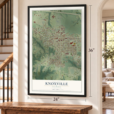 Knoxville, Illinois map, 24 x 36 inch print in a black frame by a staircase