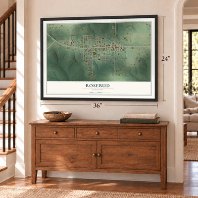 Rosebud, Missouri map, 24 x 36 inch print in a black frame above a dresser by a staircase