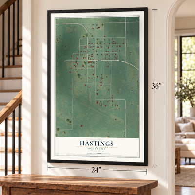 Hastings, Oklahoma map, 24 x 36 inch print in a black frame by a staircase