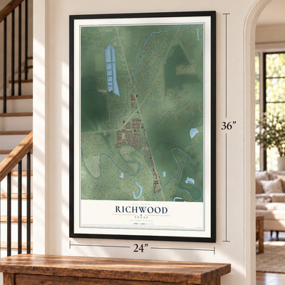 Richwood, Texas map, 24 x 36 inch print in a black frame by a staircase