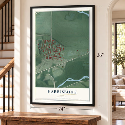Harrisburg, Ohio map, 24 x 36 inch print in a black frame by a staircase