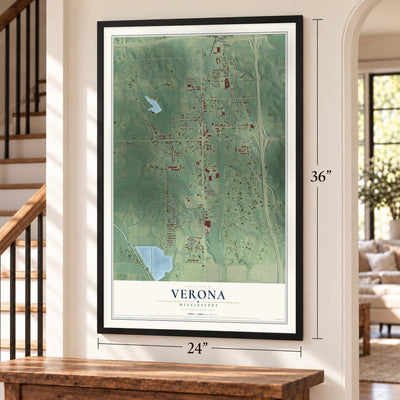 Verona, Mississippi map, 24 x 36 inch print in a black frame by a staircase