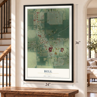 Bell, Florida map, 24 x 36 inch print in a black frame by a staircase