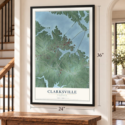 Clarksville, Virginia map, 24 x 36 inch print in a black frame by a staircase