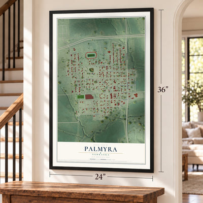 Palmyra, Nebraska map, 24 x 36 inch print in a black frame by a staircase