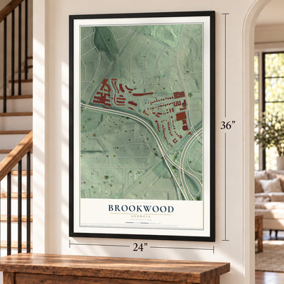 Brookwood, Georgia map, 24 x 36 inch print in a black frame by a staircase