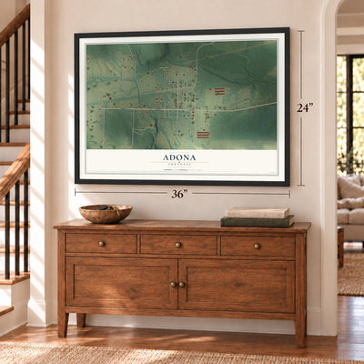 Adona, Arkansas map, 24 x 36 inch print in a black frame above a dresser by a staircase