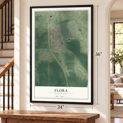 Flora, Mississippi map, 24 x 36 inch print in a black frame by a staircase