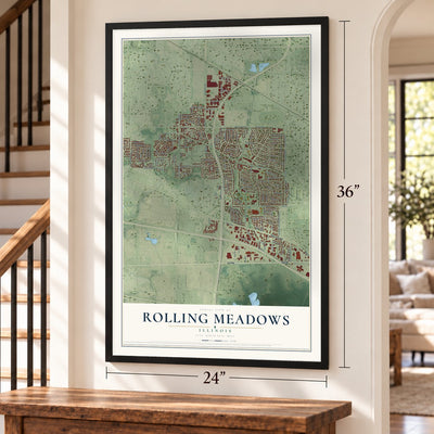 Rolling Meadows, Illinois map, 24 x 36 inch print in a black frame by a staircase