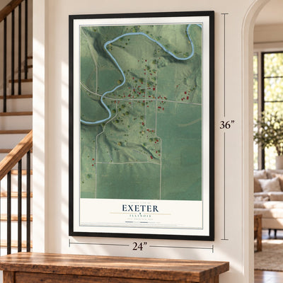 Exeter, Illinois map, 24 x 36 inch print in a black frame by a staircase