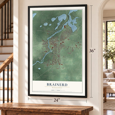 Brainerd, Minnesota map, 24 x 36 inch print in a black frame by a staircase
