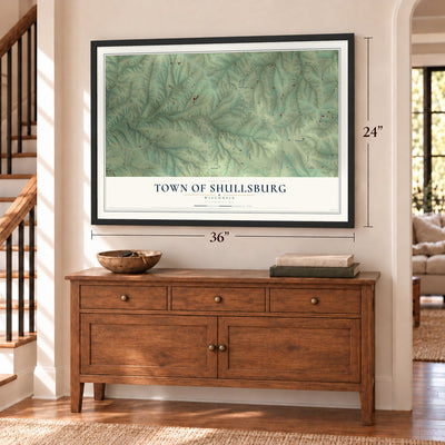 Town of Shullsburg, Wisconsin map, 24 x 36 inch print in a black frame above a dresser by a staircase