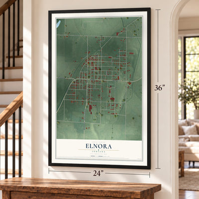 Elnora, Indiana map, 24 x 36 inch print in a black frame by a staircase