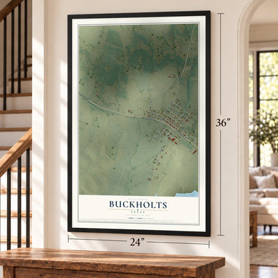 Buckholts, Texas map, 24 x 36 inch print in a black frame by a staircase