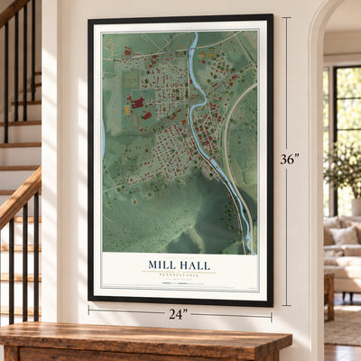 Mill Hall, Pennsylvania map, 24 x 36 inch print in a black frame by a staircase
