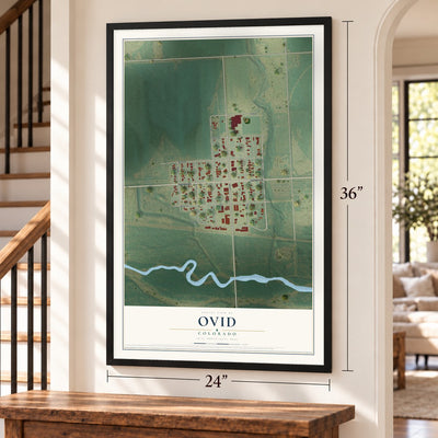 Ovid, Colorado map, 24 x 36 inch print in a black frame by a staircase
