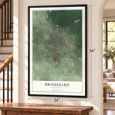 Broussard, Louisiana map, 24 x 36 inch print in a black frame by a staircase