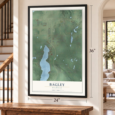 Bagley, Michigan map, 24 x 36 inch print in a black frame by a staircase